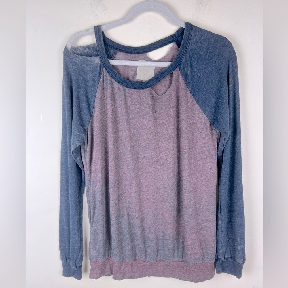 Chaser Grunge Vintage Style Destroyed Burnout Long Sleeve Color Block Shirt | S